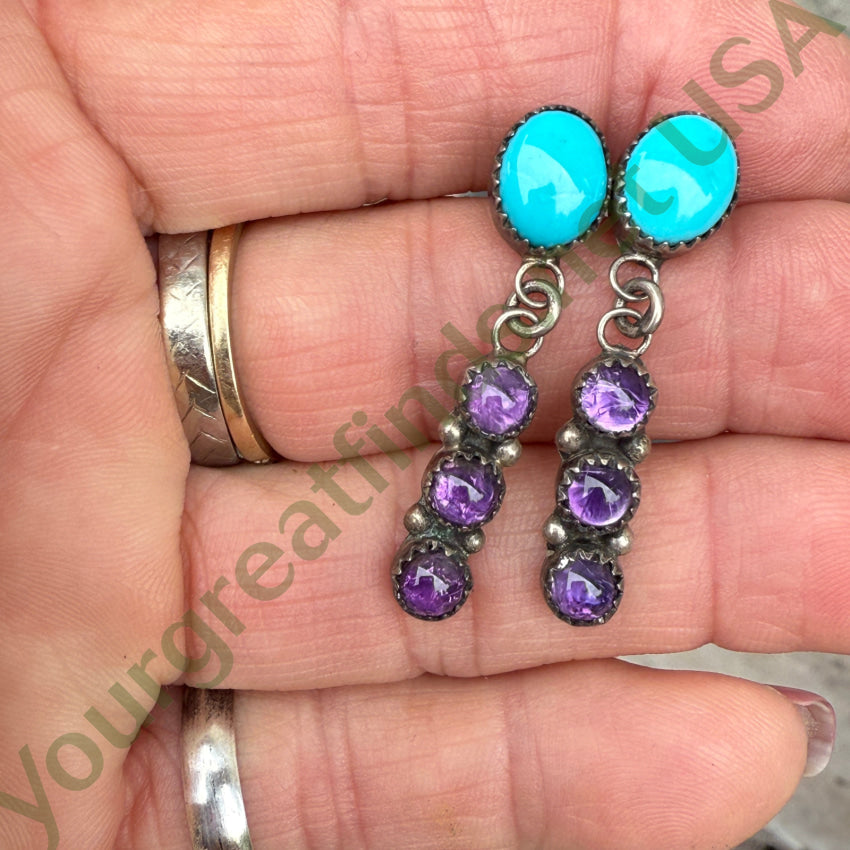 Southwestern Sterling Silver Turquoise & Amethyst Pierced Post Earrings Earrings