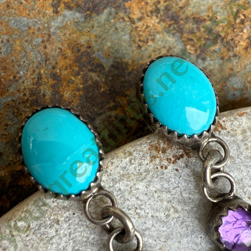 Southwestern Sterling Silver Turquoise & Amethyst Pierced Post Earrings Earrings