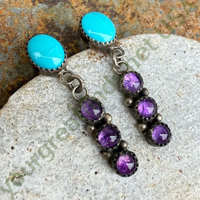 Southwestern Sterling Silver Turquoise & Amethyst Pierced Post Earrings Earrings