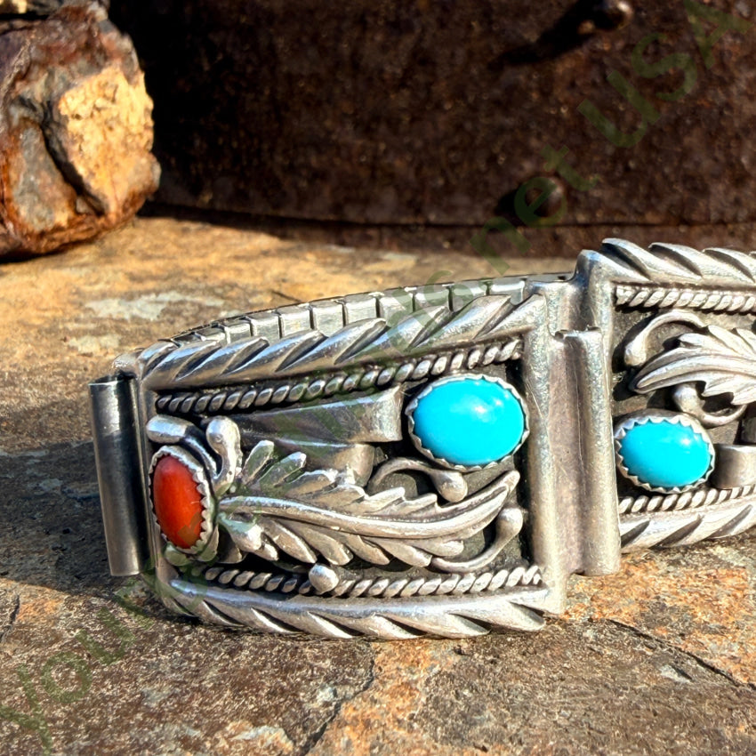Southwestern Sterling Silver Turquoise & Coral Watch Band Plates watch band