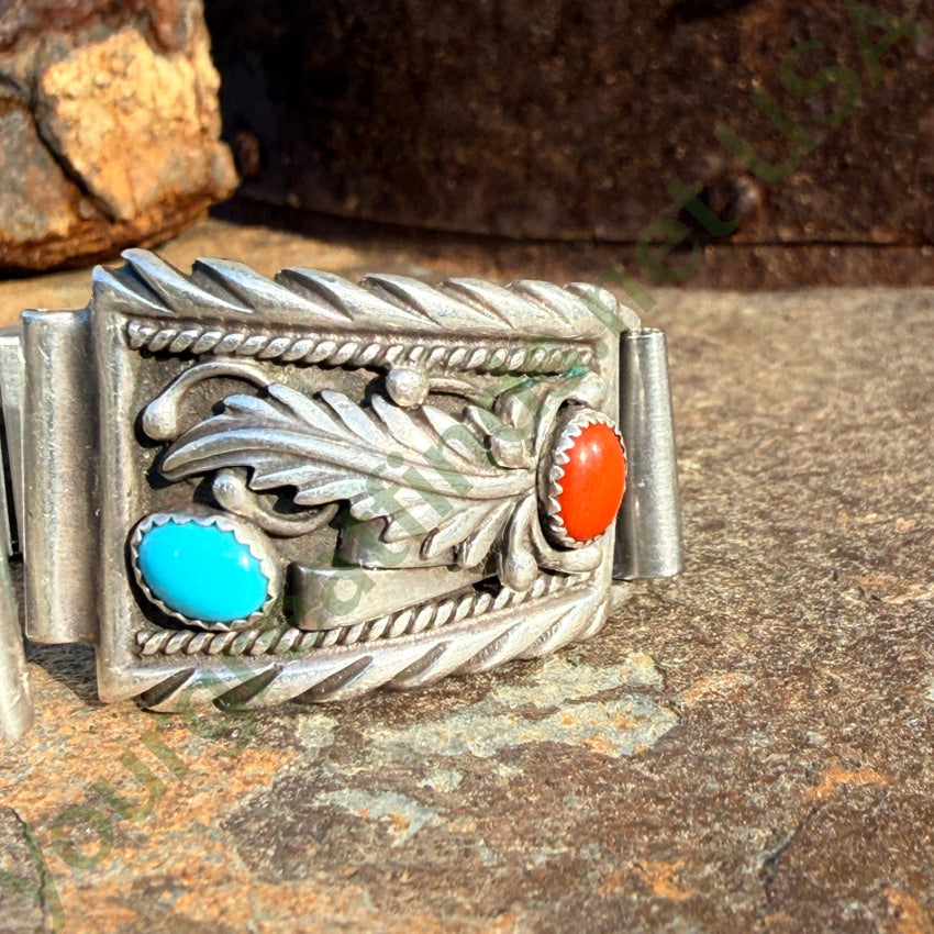 Southwestern Sterling Silver Turquoise & Coral Watch Band Plates watch band