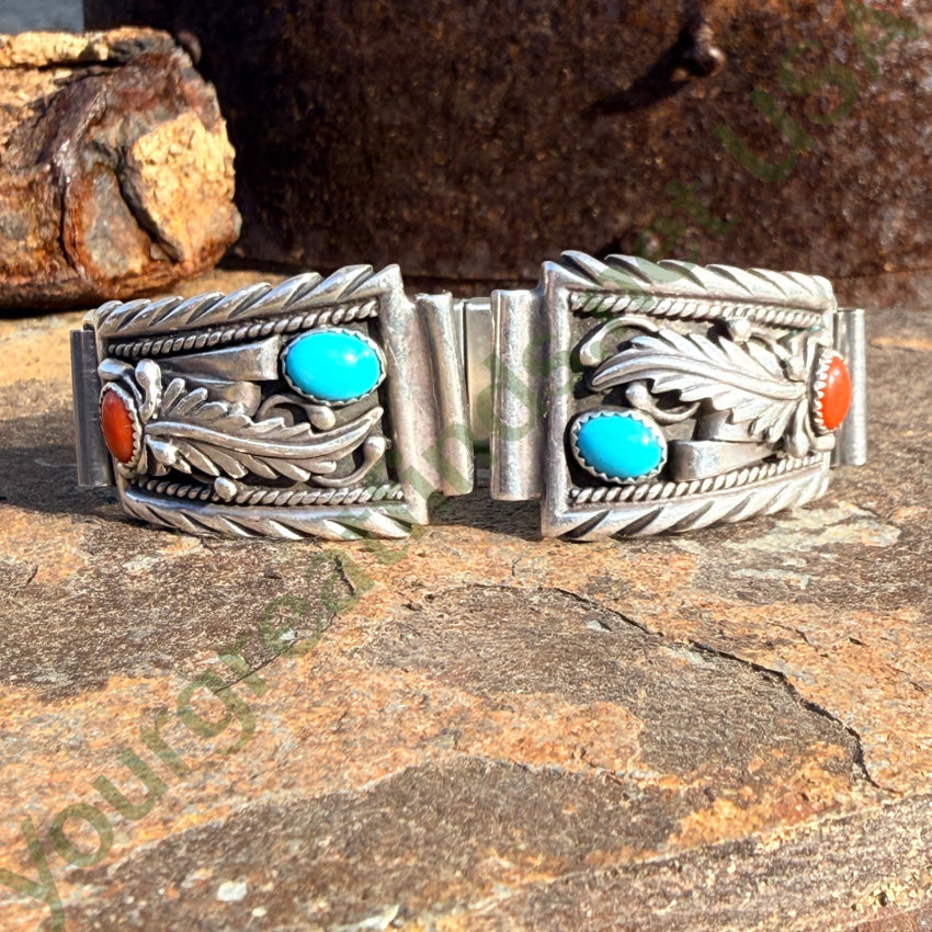 Southwestern Sterling Silver Turquoise & Coral Watch Band Plates watch band