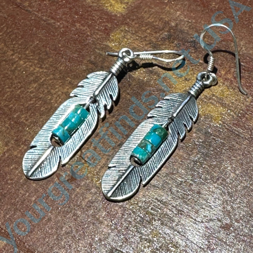 Southwestern Sterling Silver Turquoise Heishi Feather Earrings