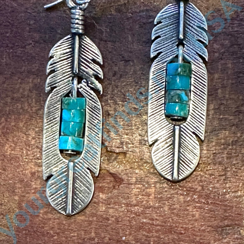 Southwestern Sterling Silver Turquoise Heishi Feather Earrings