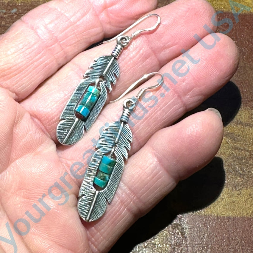 Southwestern Sterling Silver Turquoise Heishi Feather Earrings