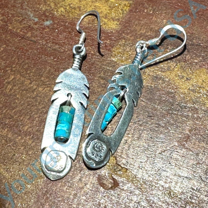 Southwestern Sterling Silver Turquoise Heishi Feather Earrings