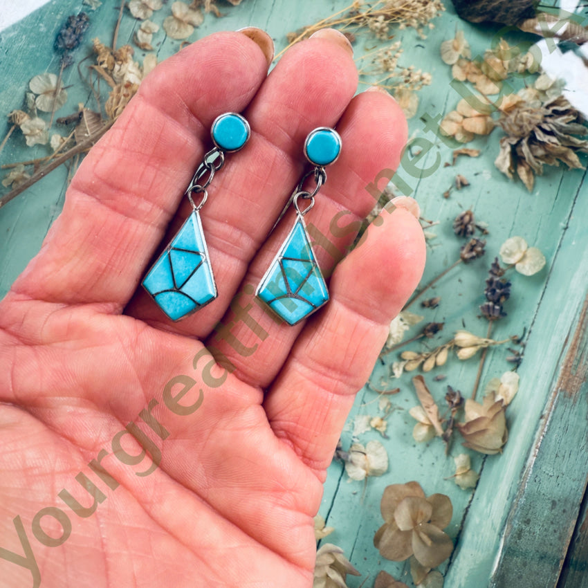 Southwestern Sterling Silver & Turquoise Inlay Pierced Post Earrings earrings