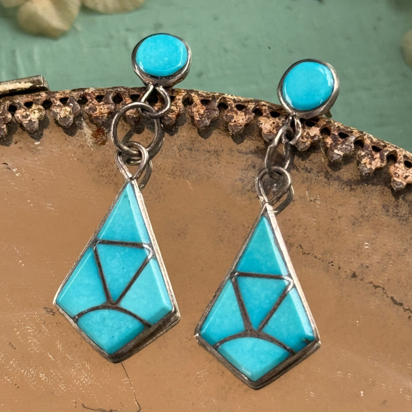 Southwestern Sterling Silver & Turquoise Inlay Pierced Post Earrings earrings