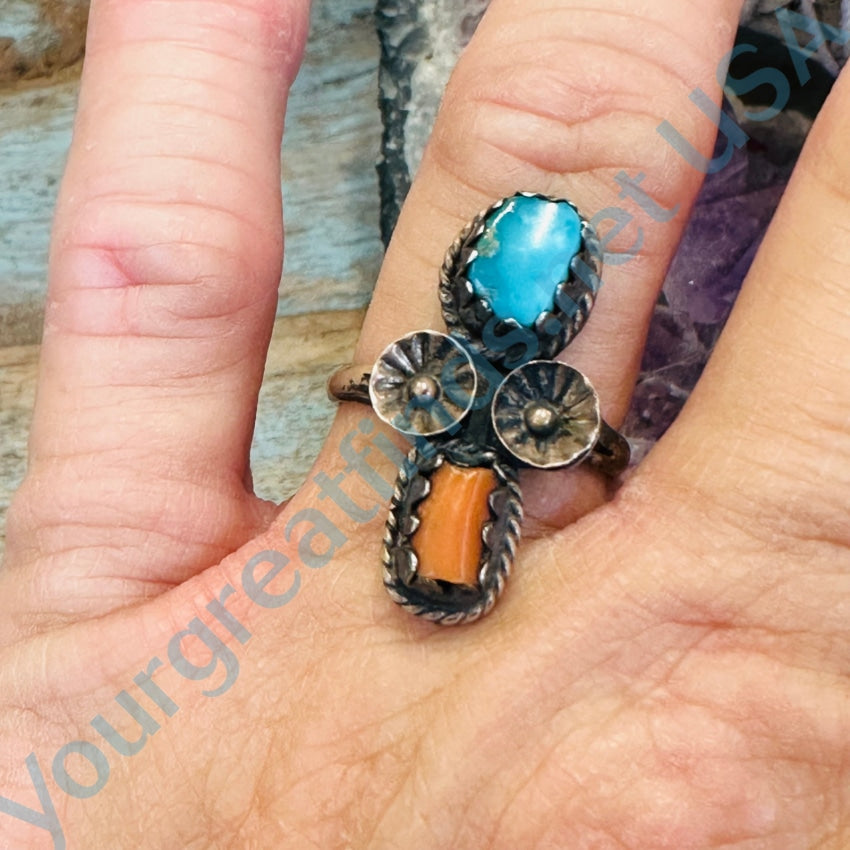 Southwestern Sterling Silver Two Flower Ring Turquoise Coral 7 Jewelry