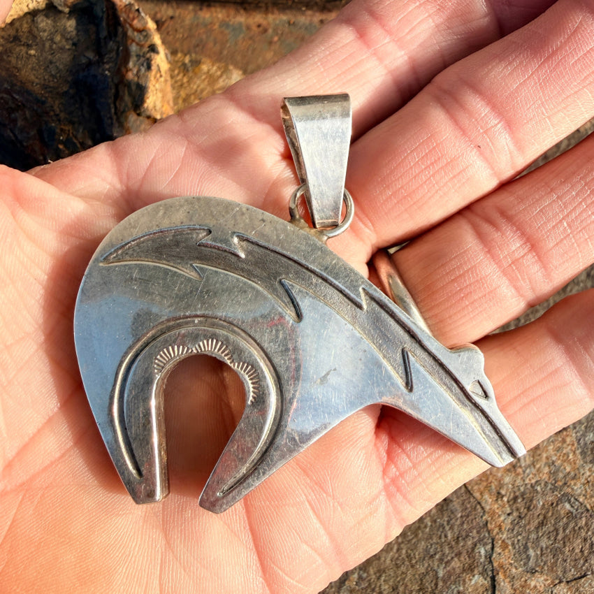 Southwestern Sterling Silver Zuni Bear Large Enhancer Pendant pendant