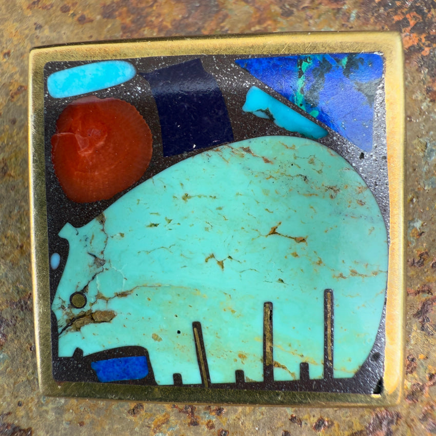 Southwestern Zuni Bear Inlay Pin In Bronze Turquoise Azurite Coral Pin Brooch