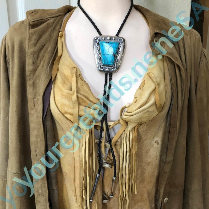 Spider Web Turquoise Navajo Leather Bolo Tie Sterling Yourgreatfinds