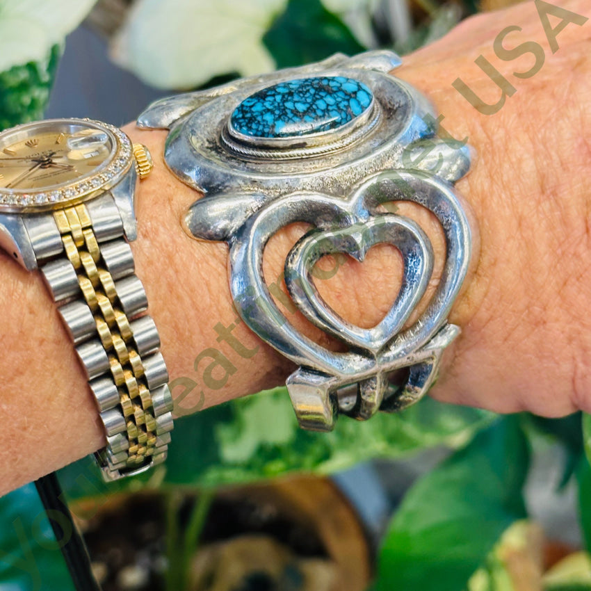 Spider Wed Turquoise Tufa Cast Sterling Silver Heart Bracelet Navajo