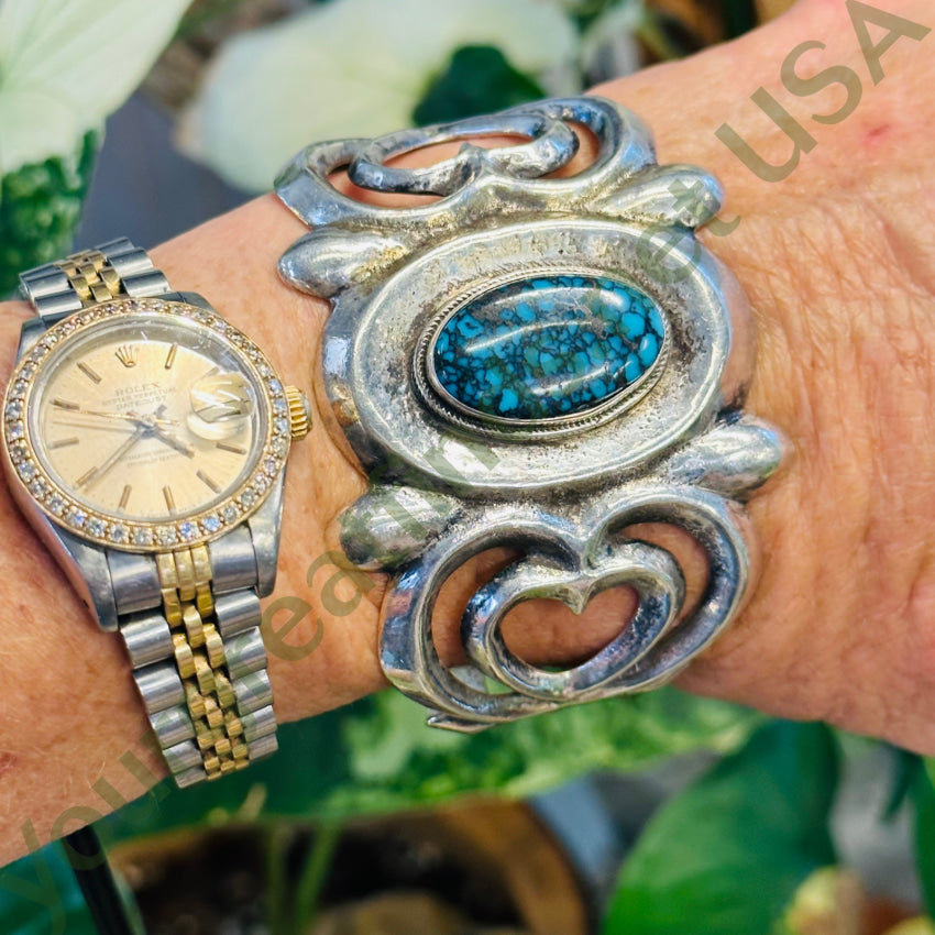 Spider Wed Turquoise Tufa Cast Sterling Silver Heart Bracelet Navajo