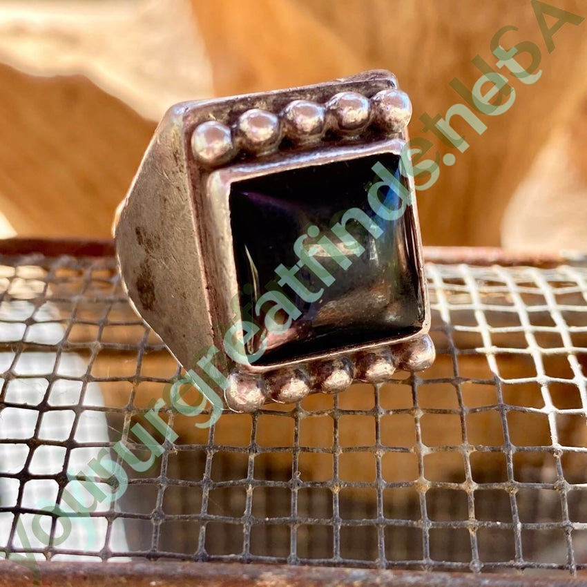 Square Raindrop Ring with Black Onyx and Sterling Silver by Guy Hoskie Navajo Size 13 Yourgreatfinds