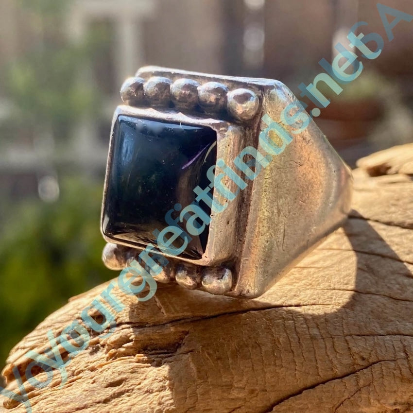 Square Raindrop Ring with Black Onyx and Sterling Silver by Guy Hoskie Navajo Size 13 Yourgreatfinds