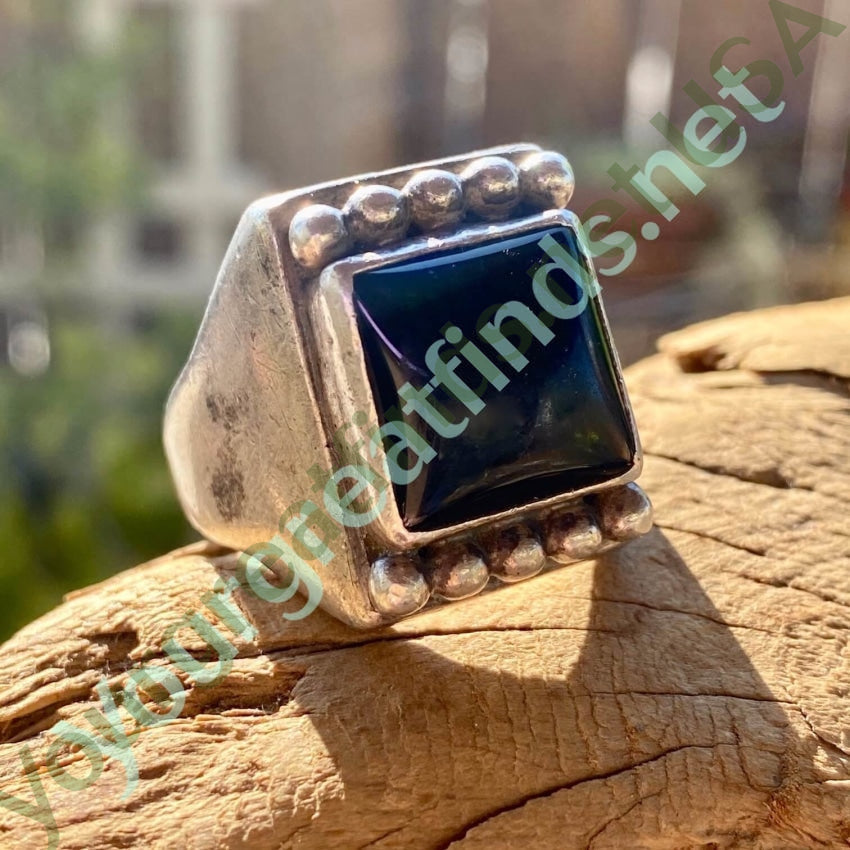 Square Raindrop Ring with Black Onyx and Sterling Silver by Guy Hoskie Navajo Size 13 Yourgreatfinds