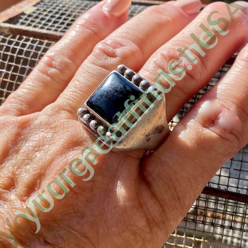 Square Raindrop Ring with Black Onyx and Sterling Silver by Guy Hoskie Navajo Size 13 Yourgreatfinds