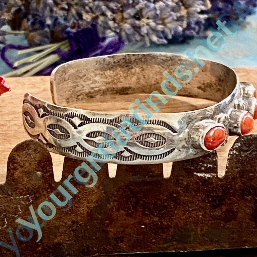 Stamp Decorated Navajo Sterling Silver Coral Row Bracelet Yourgreatfinds