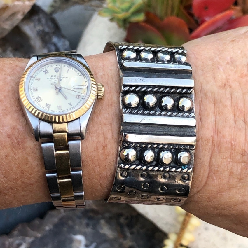 Stamp Decorated Orb Cuff Bracelet Sterling Silver Mexico Yourgreatfinds