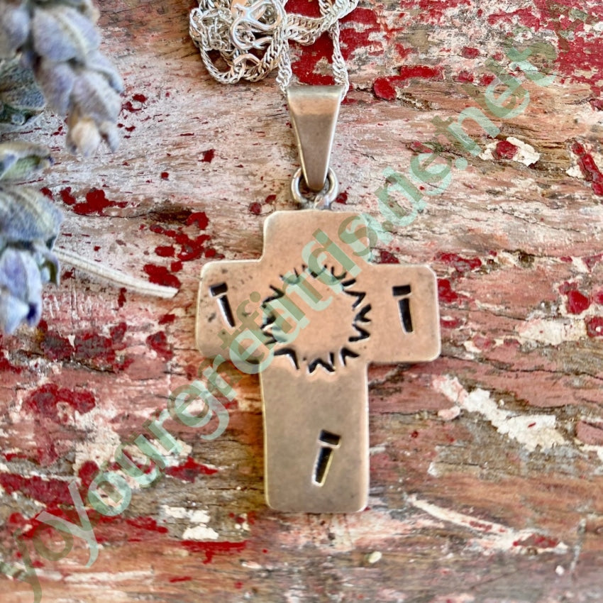 Stamp Decorated Solid Sterling Silver Holy Cross Necklace Mexico Yourgreatfinds