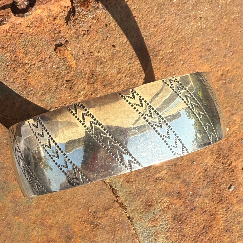 Stamp Decorated Sterling Silver Cuff Bracelet Helen Long Navajo bracelet