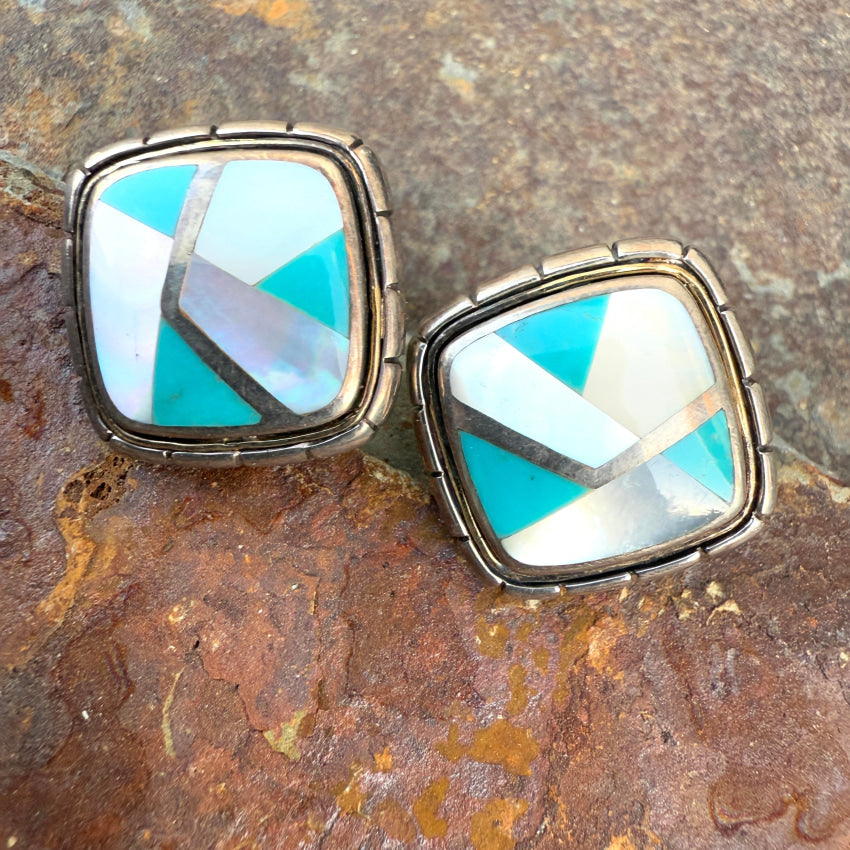 Sterling Silver & 18K Gold Turquoise Mother-Of-Pearl Pierced Post Earrings Earrings