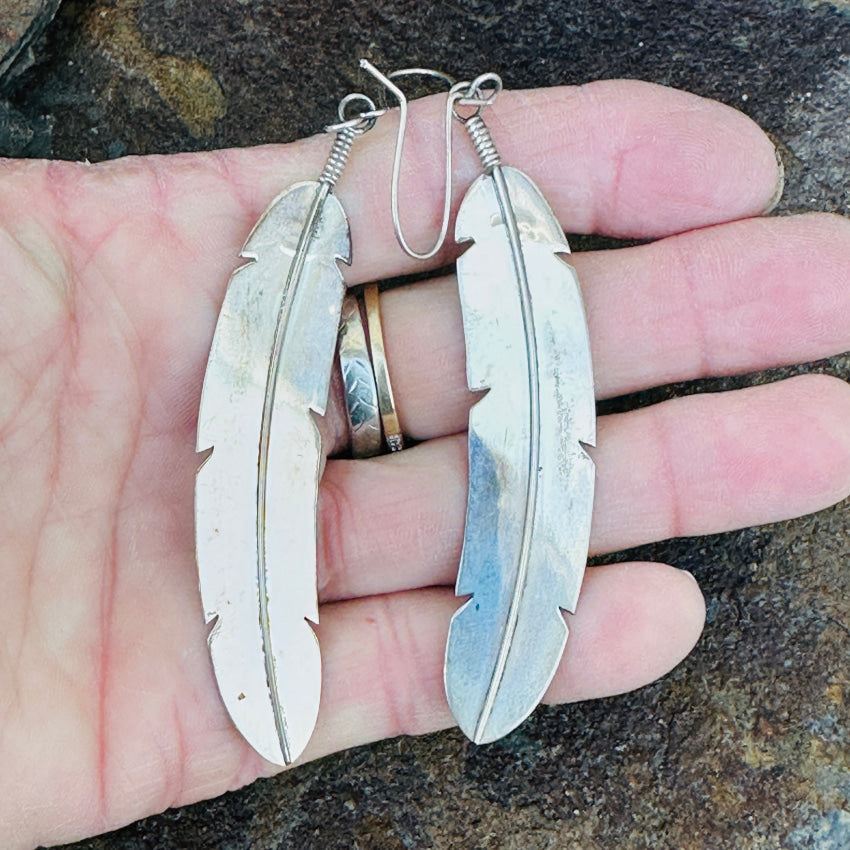 Sterling Silver 4’’ Shoulder Duster Feather Earrings Navajo Nakai Earrings