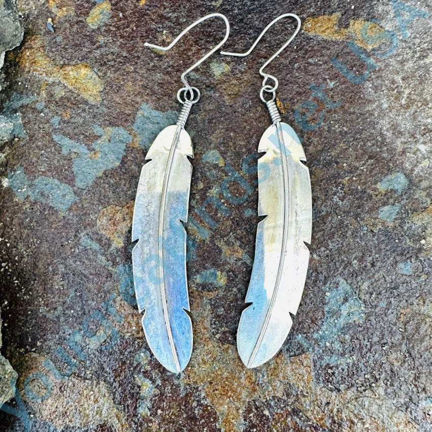 Sterling Silver 4’’ Shoulder Duster Feather Earrings Navajo Nakai Earrings