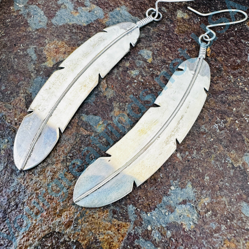 Sterling Silver 4’’ Shoulder Duster Feather Earrings Navajo Nakai Earrings