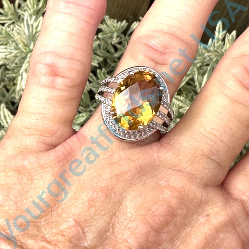 Sterling Silver 7 Carat Golden Citrine White Topaz Ring Size 7.25