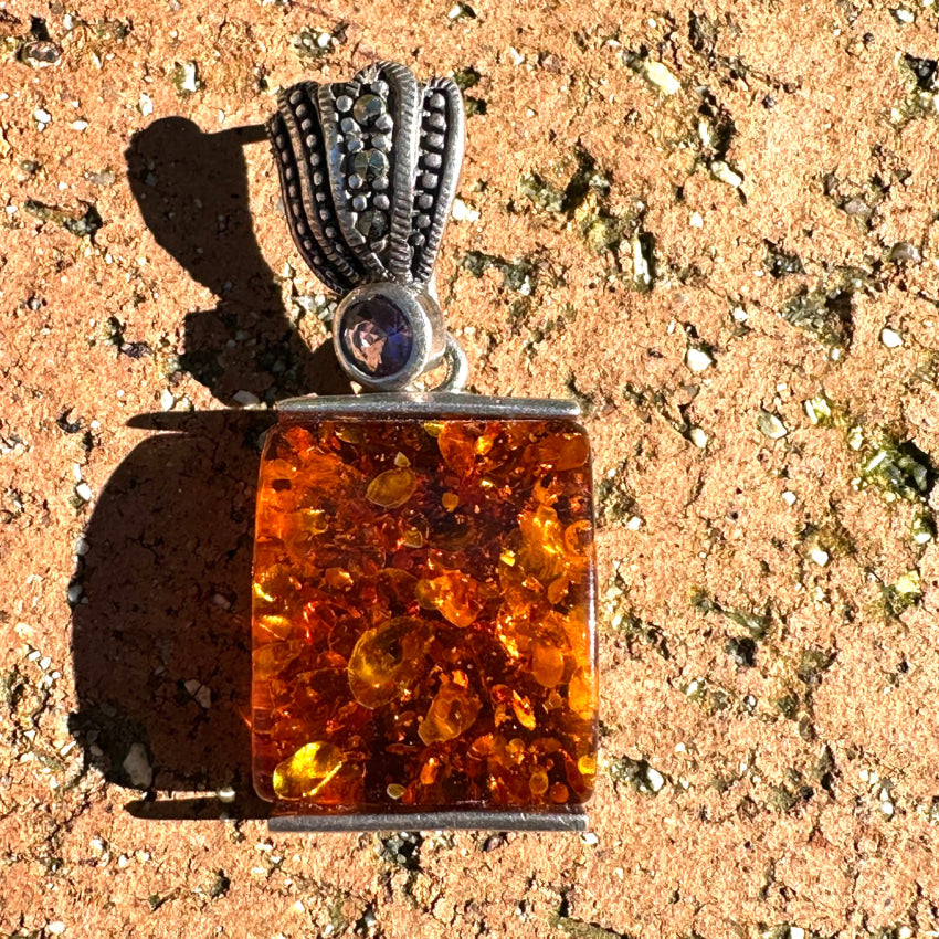Sterling Silver Amber Amethyst Marcasite Pendant