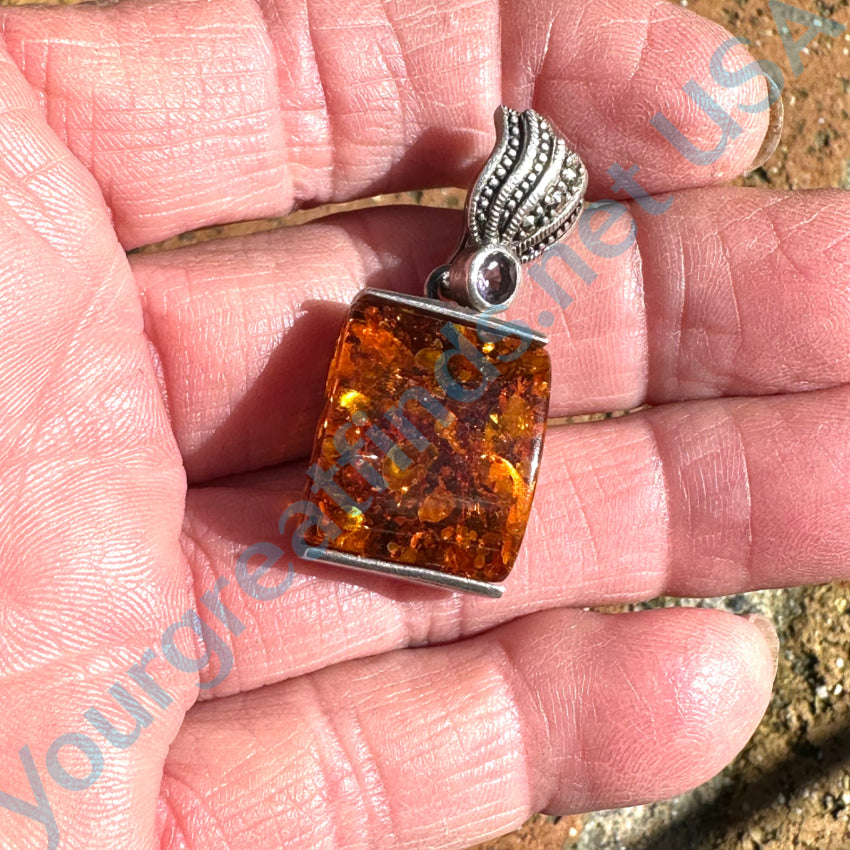 Sterling Silver Amber Amethyst Marcasite Pendant