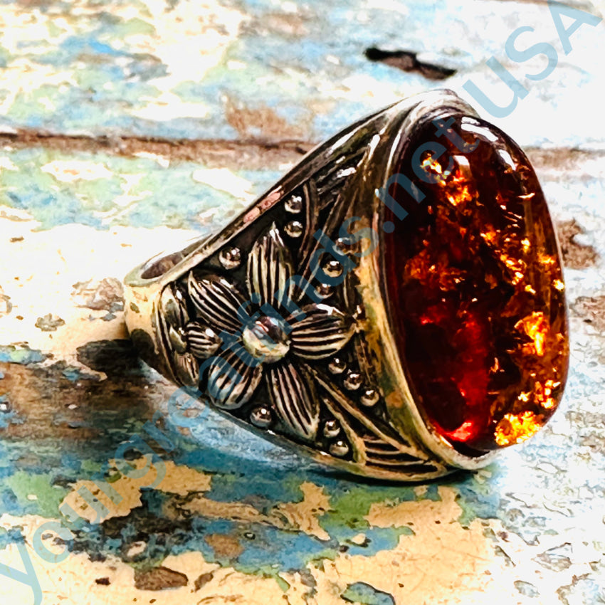 Sterling Silver & Amber Signet Ring Size 9 Ring