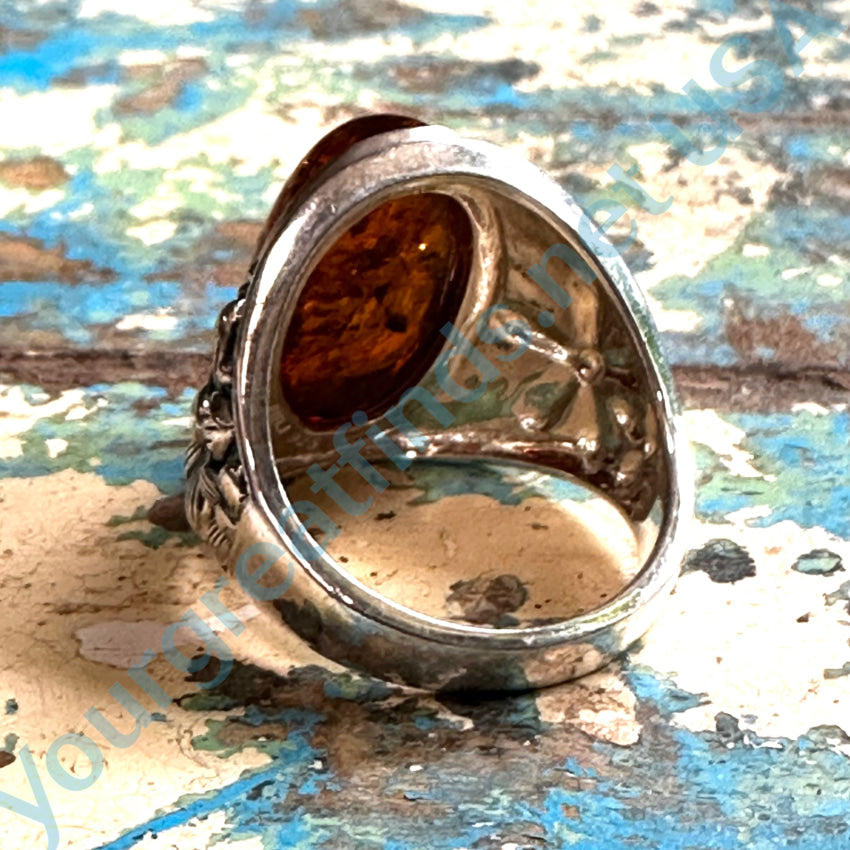 Sterling Silver & Amber Signet Ring Size 9 Ring