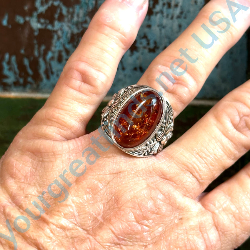 Sterling Silver & Amber Signet Ring Size 9 Ring