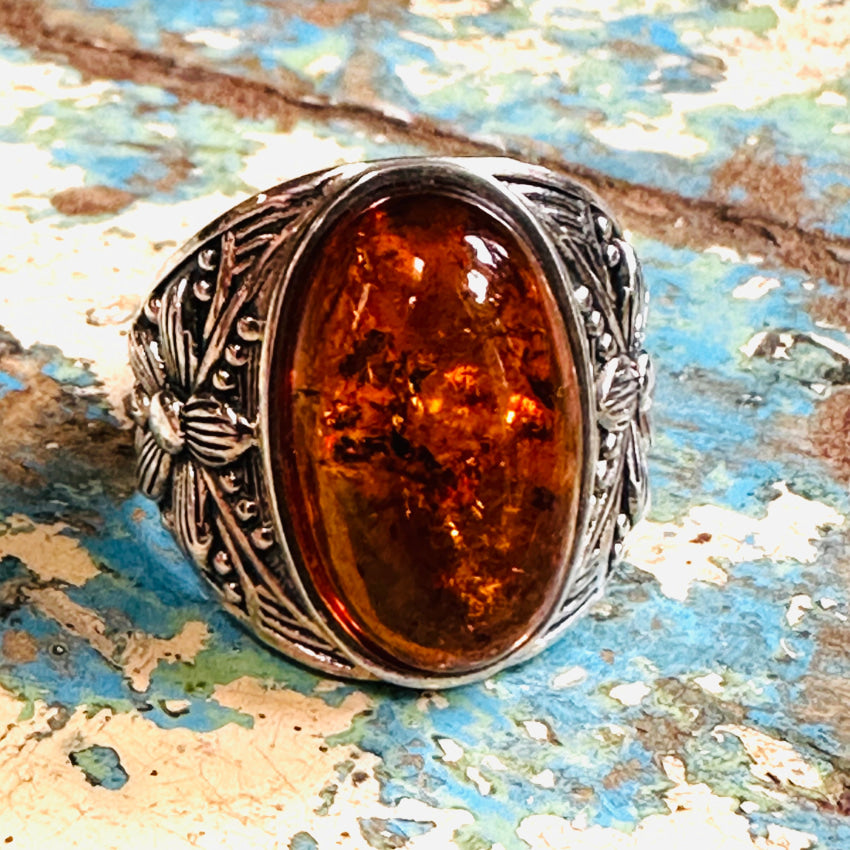 Sterling Silver & Amber Signet Ring Size 9 Ring