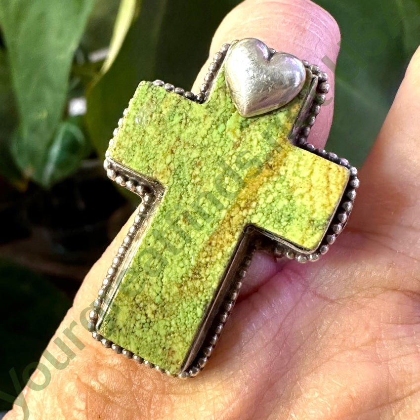 Sterling Silver Apple Green Gaspeite Holy Cross & Heart Ring 5.25 Ring
