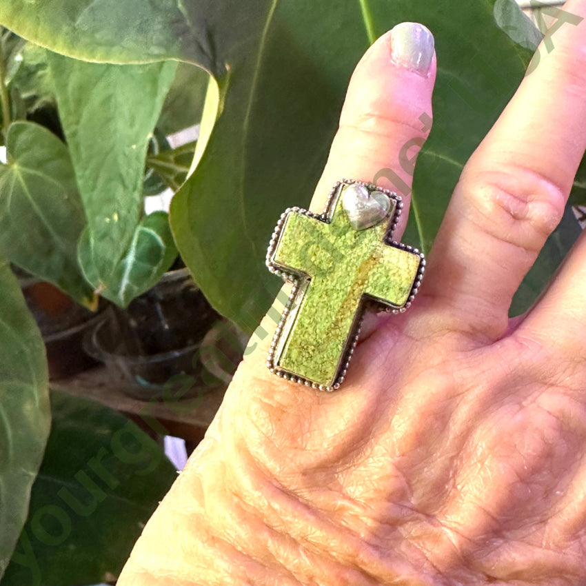 Sterling Silver Apple Green Gaspeite Holy Cross & Heart Ring 5.25 Ring