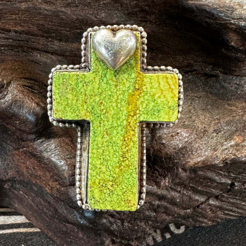 Sterling Silver Apple Green Gaspeite Holy Cross & Heart Ring 5.25 Ring