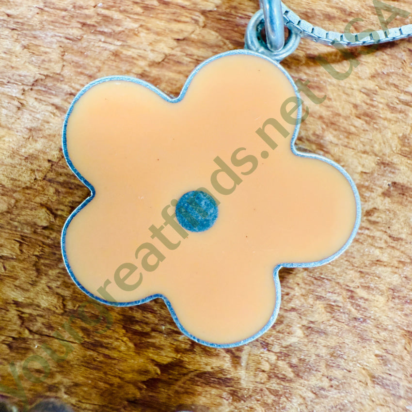 Sterling Silver & Apricot Enamel Flower Necklace Pierced Post Earring Set necklace earring set