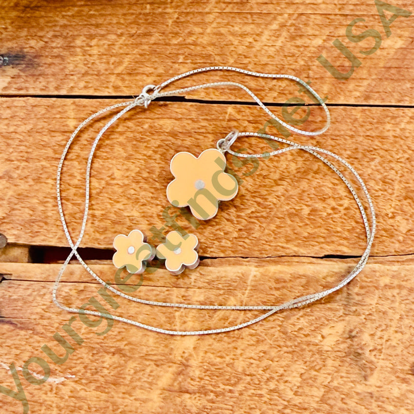 Sterling Silver & Apricot Enamel Flower Necklace Pierced Post Earring Set necklace earring set