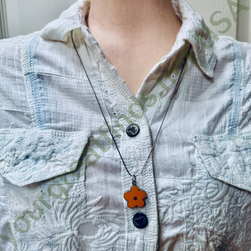 Sterling Silver & Apricot Enamel Flower Necklace Pierced Post Earring Set necklace earring set