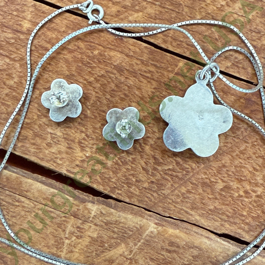 Sterling Silver & Apricot Enamel Flower Necklace Pierced Post Earring Set necklace earring set