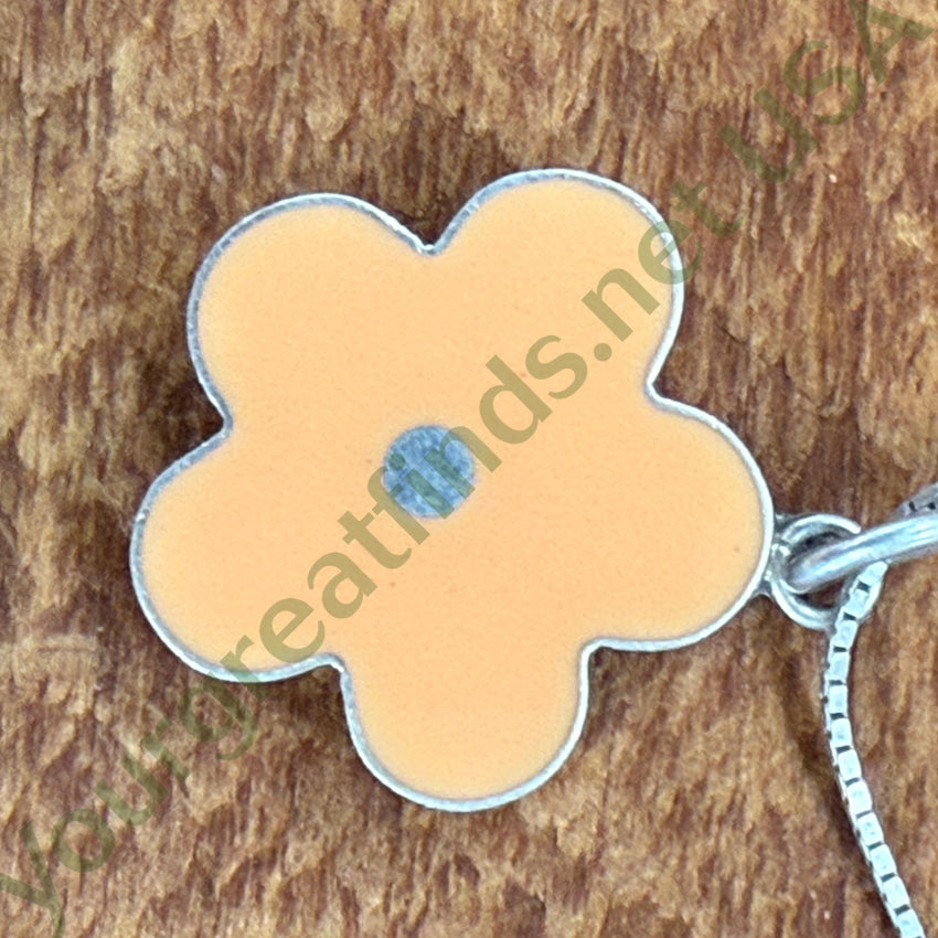 Sterling Silver & Apricot Enamel Flower Necklace Pierced Post Earring Set necklace earring set