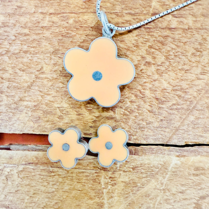 Sterling Silver & Apricot Enamel Flower Necklace Pierced Post Earring Set necklace earring set