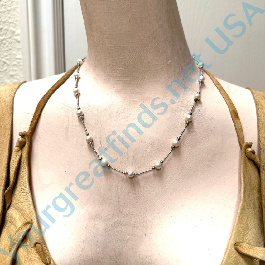 Sterling Silver Bar Link Necklace White Cultured Pearls 18