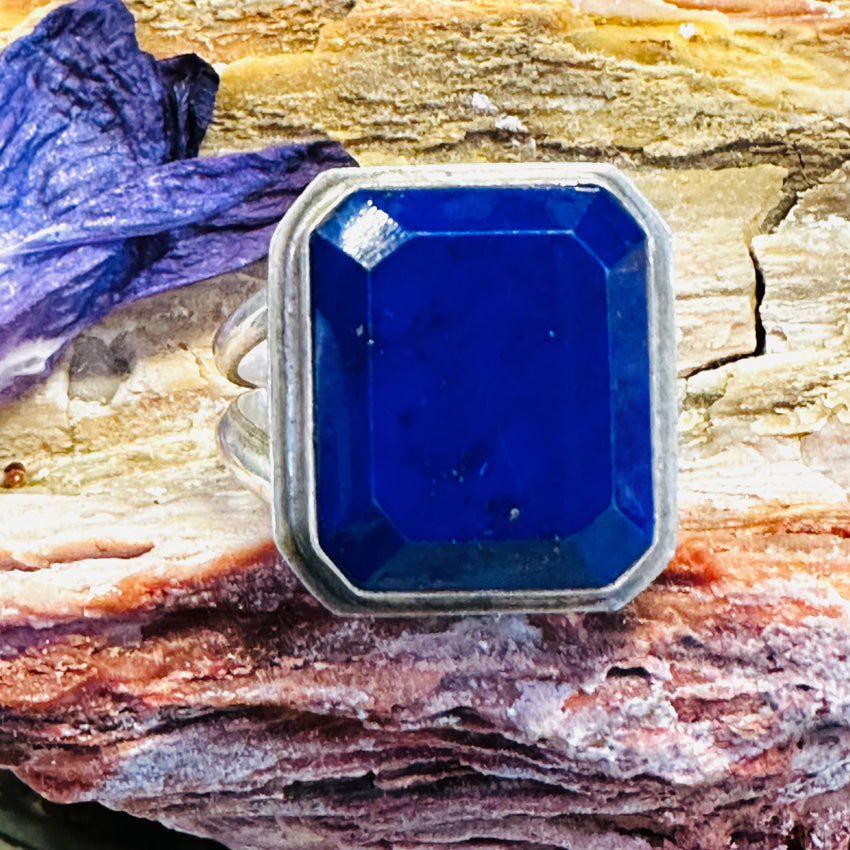 Sterling Silver Bevel Cut Azurite Ring Size 10