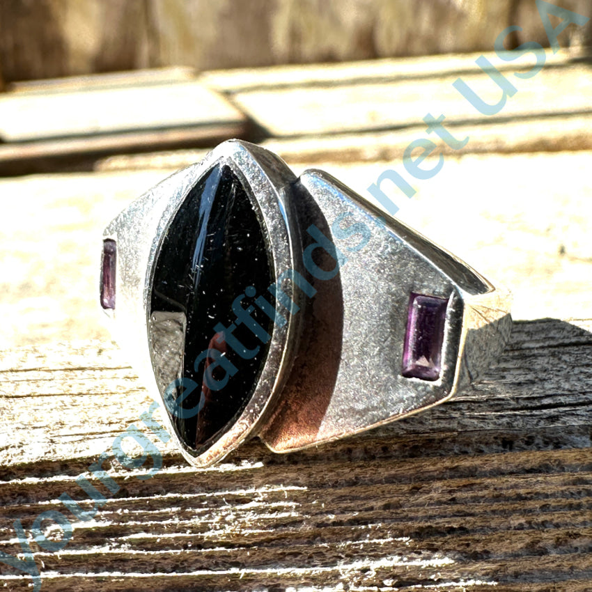 Sterling Silver Black Enamel And Amethyst Ring Size 7 Ring