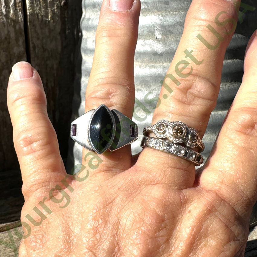 Sterling Silver Black Enamel And Amethyst Ring Size 7 Ring